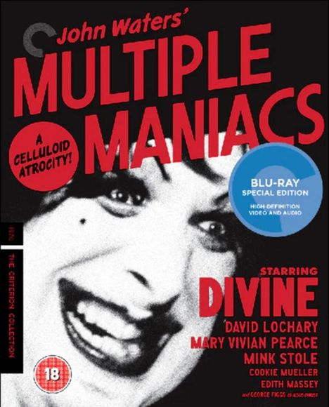 „John Waters' Multiple Maniacs“, „A Celluloid Atrocity!“, „Blu-ray Special Edition“, „Starring Divine“. Schwarz-weiße Nahaufnahme einer lachenden Person.