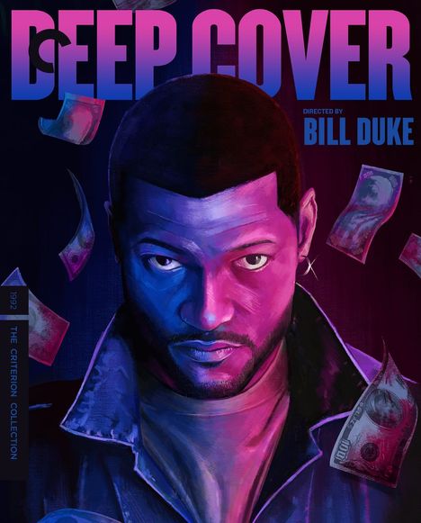"DEEP COVER", "DIRECTED BY BILL DUKE." Illustration eines Mannes in blau-pinkem Licht, umgeben von Geldscheinen.
