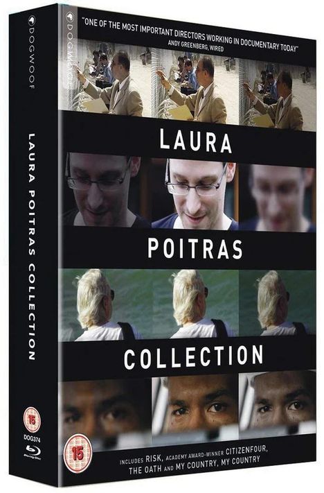 "Laura Poitras Collection" mit Bildern von Personen in verschiedenen Szenen. Texte nennen, dass es sich um Dokumentarfilme handelt.