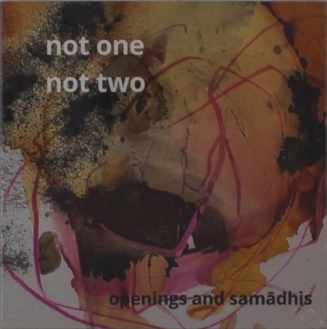 Texte: "not one not two" und "openings and samādhis". Illustration mit abstrakten Formen in Schwarz, Gelb und Rosa.