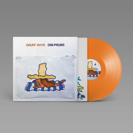 Text: "GRUFF RHYS DIM PROBS". Orangefarbene Vinyl-Schallplatte neben einem Cover mit bunter Illustration eines Tieres.
