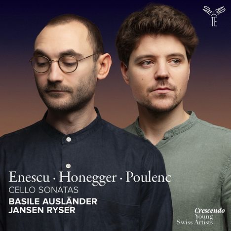 „Enescu · Honegger · Poulenc“, „Cello Sonatas“, „Basile Ausländer“, „Jansen Ryser“. Zwei Männer blicken ernst.