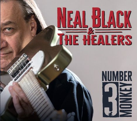 "Neal Black & The Healers" und "NUMBER 3 MONKEY". Ein Mann mit Gitarre schaut in die Kamera.