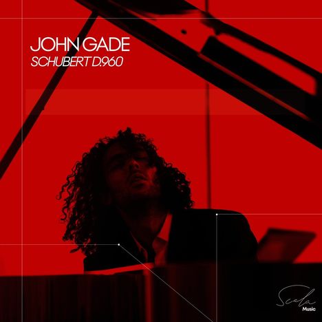 "JOHN GADE SCHUBERT D.960" steht links. Rotes, stilisiertes Porträt eines Mannes am Klavier mit geschlossenen Augen.
