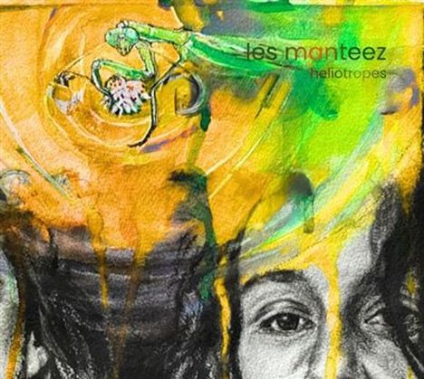 Oben rechts: "les manteez helotropes".  
Illustration: Grüne Gottesanbeterin auf gelbem, abstraktem Hintergrund. Gesicht unten.