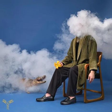Ein Logo unten links. Person im Bademantel, Kopf in Wolken, mit Banane. Ein Krokodil erscheint im Nebel daneben.