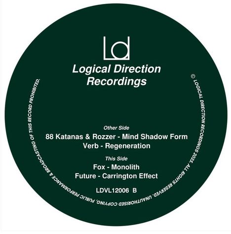 Schwarzer Kreis mit weißem Text: "Logical Direction Recordings", Tracknamen und Katalognummer. Oben stilisiertes "Ld"-Logo.