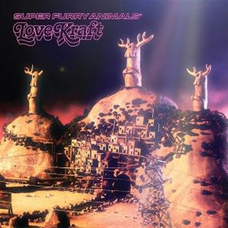 Text: "Super Furry Animals", "Love Kraft". Illustration mit Hügeln und Figuren mit Geweihen auf hügeliger Landschaft.