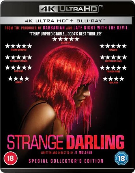 Texte: 4K Ultra HD, Blu-ray, Strange Darling, truly unpredictable, 2024's best thriller, various fünf-Sterne-Bewertungen.

Illustration zeigt eine Frau mit leuchtend pinken Haaren seitlich.