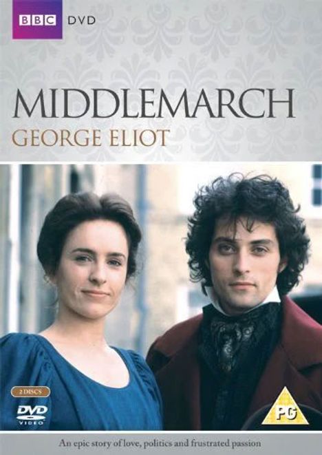 "Middlemarch" von George Eliot. BBC DVD-Cover: Zwei Personen in historischer Kleidung, PG-Rating.