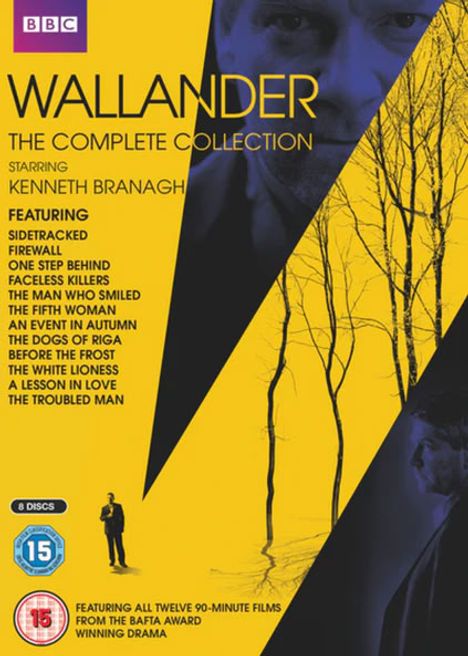 Titel: Wallander: The Complete Collection. Mit Kenneth Branagh. Auflistung von Episoden auf gelbem Hintergrund.