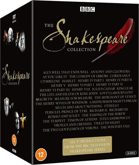 "Shakespeare Collection" mit Titeln wie "Macbeth" und "Hamlet". Logo von BBC, rote Feder, Alterskennzeichnung 12.