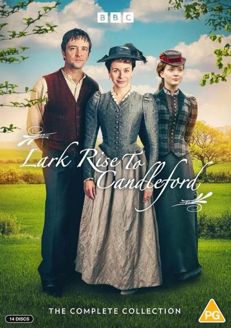 „Lark Rise to Candleford“, „BBC“, „The Complete Collection“. Drei Personen in historischer Kleidung stehen auf einer Wiese.