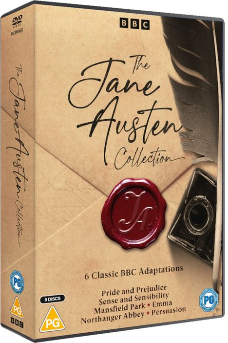 „The Jane Austen Collection“, 6 BBC-Adaptionen auf 9 Discs. Rotes Wachssiegel und Feder, Vintage-Design.