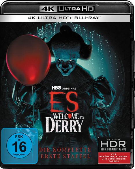 Text: "ES WELCOME TO DERRY, DIE KOMPLETTE ERSTE STAFFEL." Ein gruseliger Clown mit einem roten Ballon.