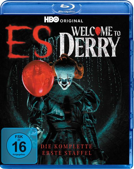 Text: "ES WELCOME TO DERRY", "FSK ab 16 freigegeben", "DIE KOMPLETTE ERSTE STAFFEL". Ein gruselig aussehender Clown mit rotem Luftballon.