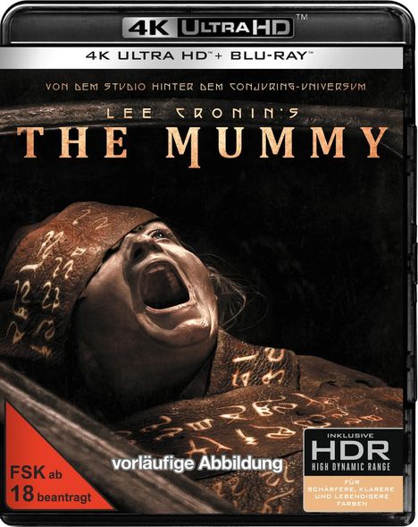 Text: "The Mummy", "FSK ab 18 beantragt", "vorläufige Abbildung". Merkmale: Schreiende Mumie, viele Zeichen.