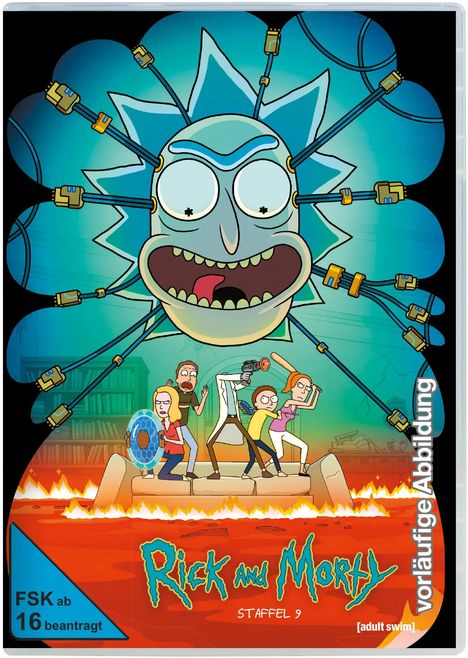 "Rick and Morty Staffel 9". Große, wütende Cartoon-Gesicht im Zentrum, Figuren auf einem Floß in Lava unten.