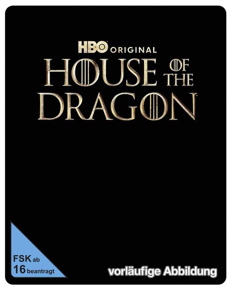 "HBO Original House of the Dragon" in großen Buchstaben auf schwarzem Hintergrund, FSK ab 16, vorläufige Abbildung.