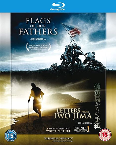 Zwei Filmplakate kombiniert: Oben Soldaten mit US-Flagge, unten ein einsamer Mann am Strand; Text: "Flags of Our Fathers" und "Letters from Iwo Jima".