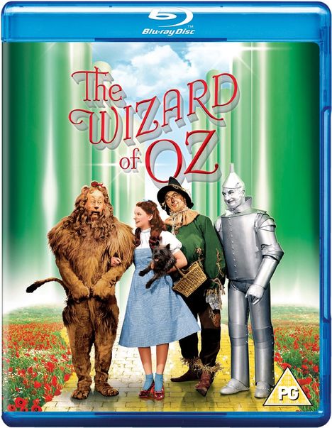"The Wizard of Oz" in roter Schrift, vier Figuren: ein Löwe, ein Mädchen mit Hund, eine Vogelscheuche, ein Blechmann.