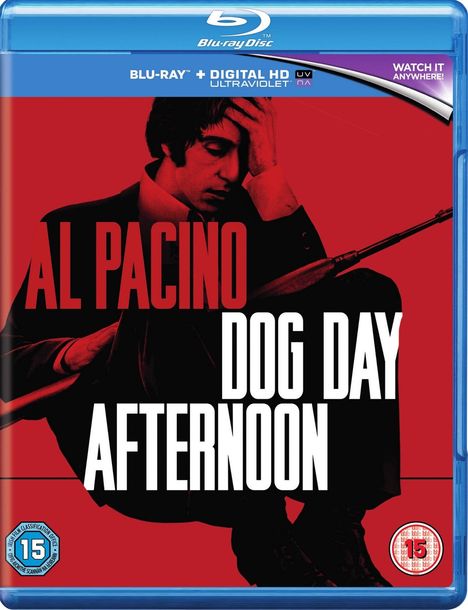Text: "AL PACINO DOG DAY AFTERNOON". Person sitzt nachdenklich, hält ein Gewehr, roter Hintergrund. Blu-ray Hülle.