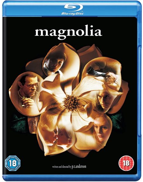"magnolia," "written and directed by p.t.anderson." Verschiedene Gesichter innerhalb einer großen weißen Blume.