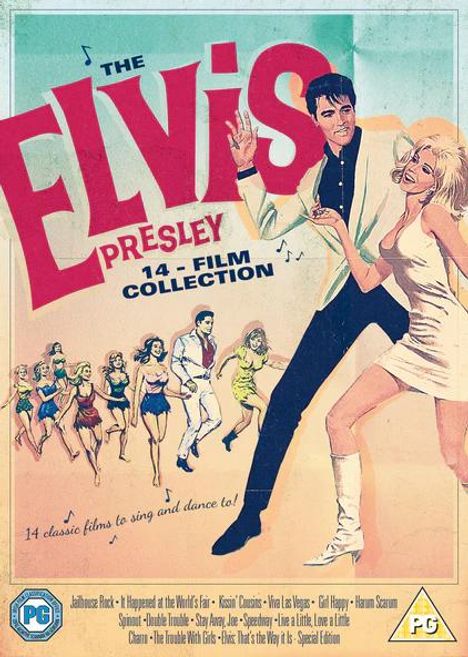 "THE ELVIS PRESLEY 14-FILM COLLECTION" steht in großen Buchstaben. Illustration von tanzendem Elvis und Frau.