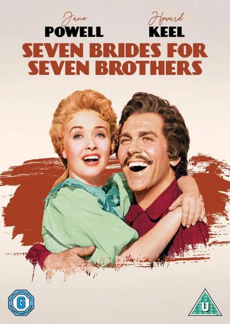 Oben stehen die Namen "Jane Powell" und "Howard Keel". Darunter: "Seven Brides for Seven Brothers". Ein lächelndes Paar.
