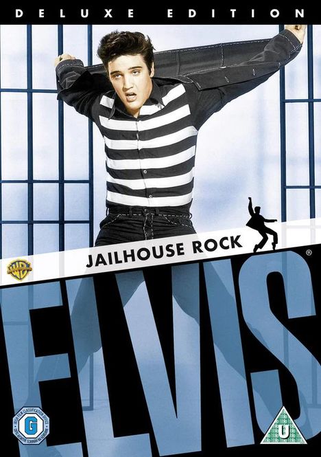 DELUXE EDITION, JAILHOUSE ROCK, ELVIS. Eine Person in gestreiftem Hemd, tanzend, vor Gittern.