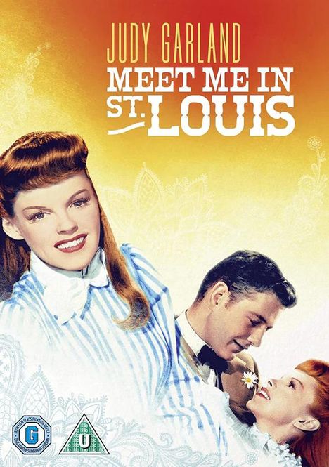 Oben steht "Judy Garland" und "Meet Me in St. Louis". Darunter eine Frau und ein Mann im Gespräch, lächelnd.