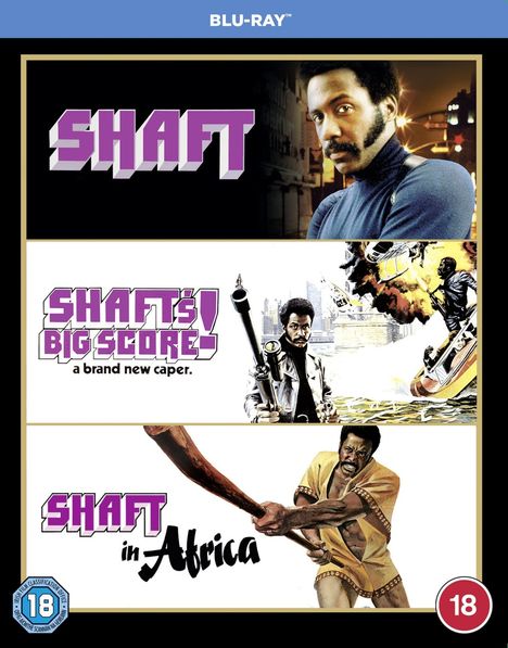 „SHAFT“, „SHAFT'S BIG SCORE! a brand new caper.“, „SHAFT in Africa“. Szenen mit einer Person in Aktion.