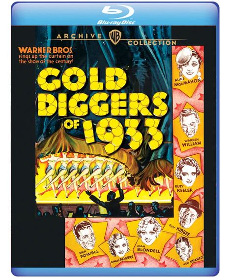 Der Text lautet: "GOLD DIGGERS OF 1933". Darunter tanzen Frauen auf einer Bühne. Links oben steht "WARNER BROS.".
