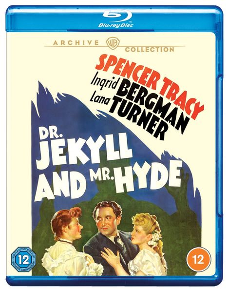 "DR. JEKYLL AND MR. HYDE" in großen Buchstaben. Drei Personen in viktorianischer Kleidung stehen beieinander.
