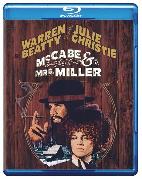 "McCABE & MRS. MILLER" in großen, stilvollen Buchstaben. Gemälde von einem Mann mit Zigarre und einer Frau im Vordergrund.