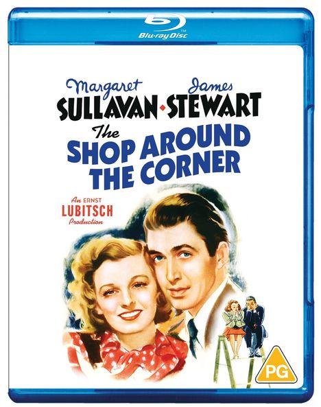 „The Shop Around the Corner“, Margaret Sullavan, James Stewart. Illustration: Mann und Frau lächelnd, Vintage-Stil. PG-Symbol.