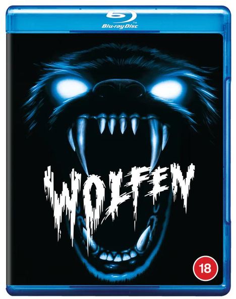 Text: "WOLFEN". Illustration eines furchteinflößenden Wolfs mit leuchtenden Augen und gefletschten Zähnen. Ab 18-Symbol.