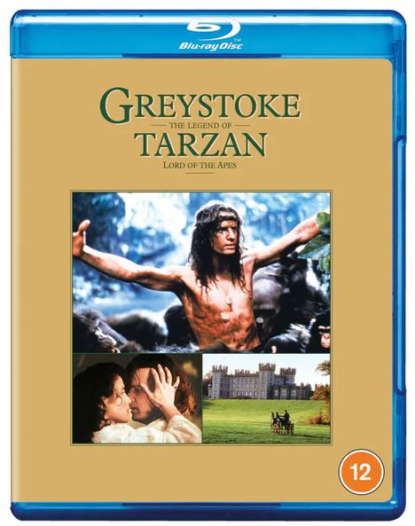 "Greystoke: The Legend of Tarzan, Lord of the Apes." Oben steht Blu-ray. Darunter sind Bilder von Tarzan und einem Schloss. Altersfreigabe 12.