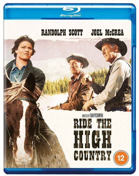 "Ride the High Country" mit Randolph Scott und Joel McCrea. Zwei Männer in Westernkleidung, einer auf einem Pferd.