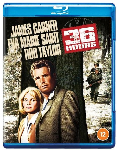 "James Garner, Eva Marie Saint, Rod Taylor, 36 Hours." Zwei Personen im Vordergrund, Soldaten und Bäume im Hintergrund.
