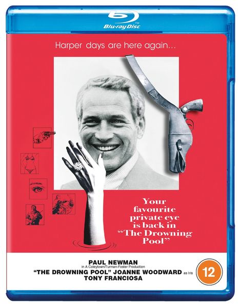„Harper days are here again... Your favourite private eye is back in ‘The Drowning Pool’. PAUL NEWMAN.“  
Ein schwarz-weißes Porträt eines lächelnden Mannes mit darüber liegender Zeichnung einer Revolversilhouette.