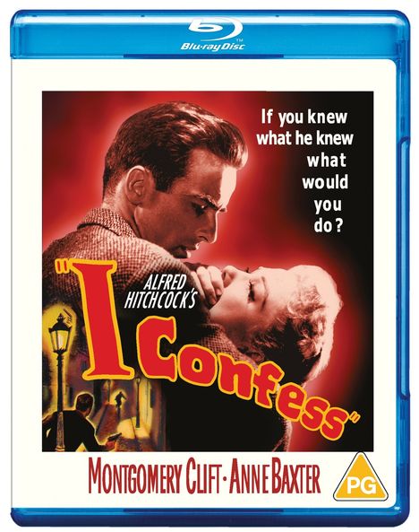 Texte: "If you knew what he knew what would you do?", "ALFRED HITCHCOCK’S 'I Confess'", "MONTGOMERY CLIFT • ANNE BAXTER", "PG". Illustration: Paar in dramatischer Umarmung, roter Hintergrund.