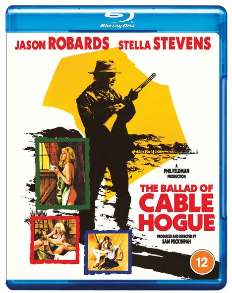"Jason Robards, Stella Stevens, The Ballad of Cable Hogue. Silhouette eines Mannes mit Gewehr, bunte Szenen aus Filmausschnitten."