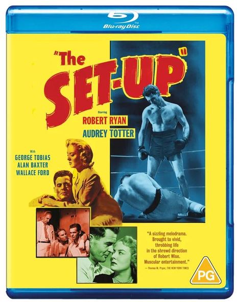 Auf gelbem Hintergrund steht "The Set-Up" in Rot, mit Robert Ryan und Audrey Totter. Ein Boxer lehnt erschöpft im Ring.