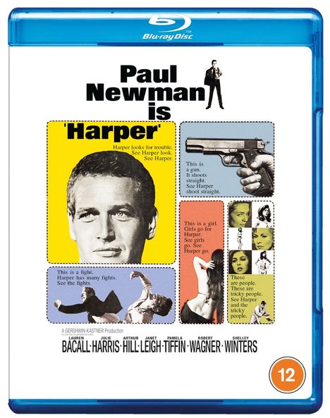 "Paul Newman is Harper." Oben mittig, ein Mann und eine Waffe; Bilder und Texte beschreiben Harper mit Personen und Szenen. Altersfreigabe 12.