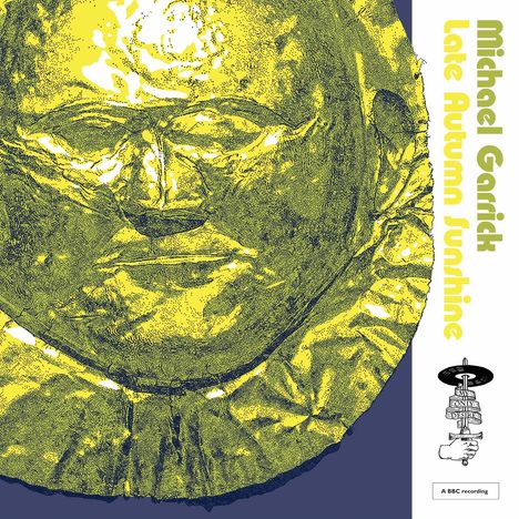 Text: "Michael Garrick Late Autumn Sunshine"; Illustration eines gelben Gesichts auf blauem Hintergrund.