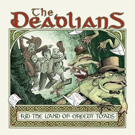 "The Deadlians" und "Rid the Land of Greedy Toads". Cartoon-Stil: Musiker und Kröten, chaotische Szenerie.
