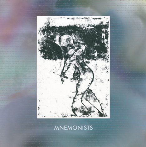 Text: "MNEMONISTS". Illustration eines abstrakten, schwarz-weißen Menschens. Hintergrund in verschwommenen Regenbogenfarben.