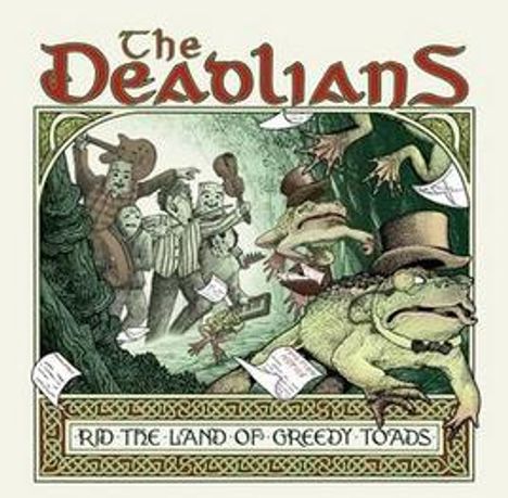 Text: "The Deadlians", "Rid the Land of Greedy Toads". Eine Illustration zeigt grimmige, gekleidete Kröten und verärgerte Figuren mit Papier.
