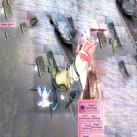 "Zero Guilt" und "Sugar Substitute" sind sichtbar. Eine surreale Kollage aus Füßen, Schuhen und Pflastersteinen.